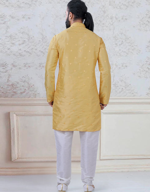 Yellow Kurta sequence work on silk Chudidaar Closure View