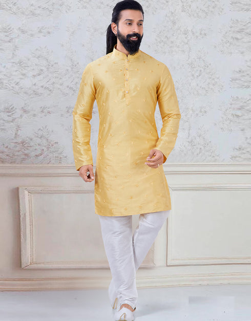 Yellow Kurta sequence work on silk Chudidaar