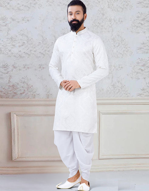 Cream Kurta Jacquard Peshawari