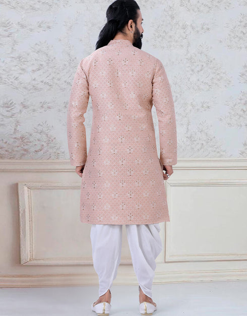 Peach Kurta Jacquard Peshawari Closure View