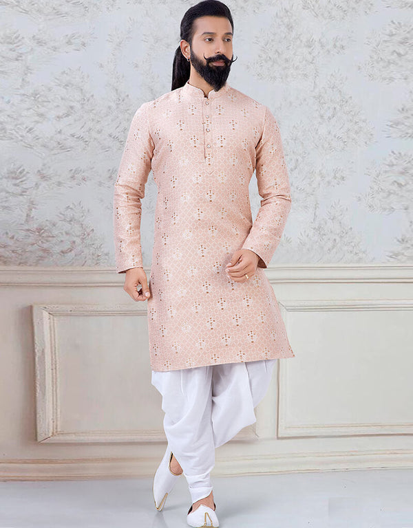 Peach Kurta Jacquard Peshawari