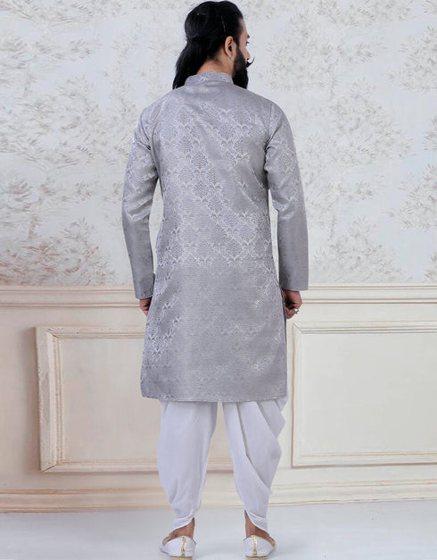 Grey Kurta Jacquard Silk Peshawari Closure View