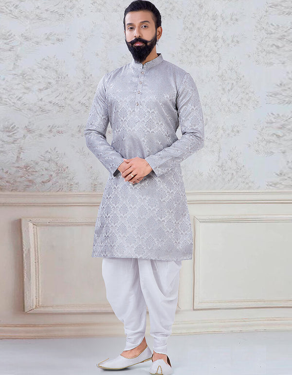 Grey Kurta Jacquard Silk Peshawari