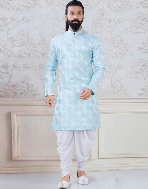 Sky Blue Kurta Jacquard Silk Peshawari