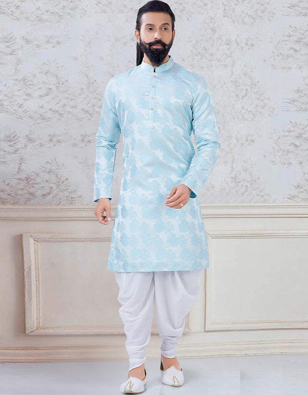 Sky Blue Kurta Jacquard Silk Peshawari