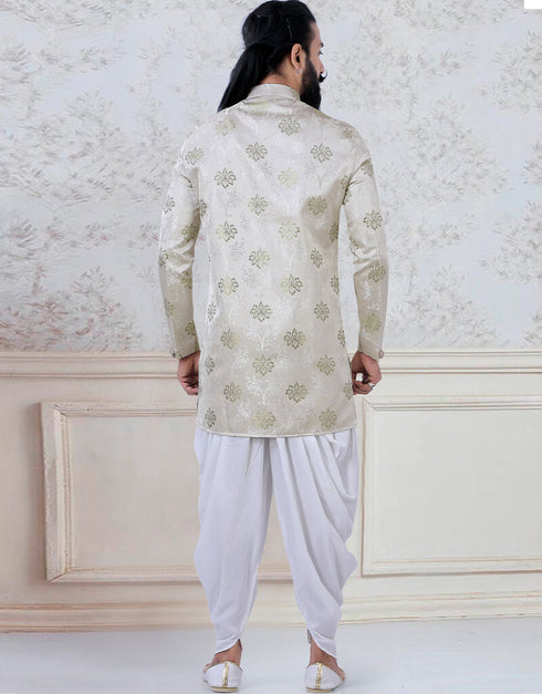 Light Green Indo style kurta thread embroidered silk Peshawari Closure View