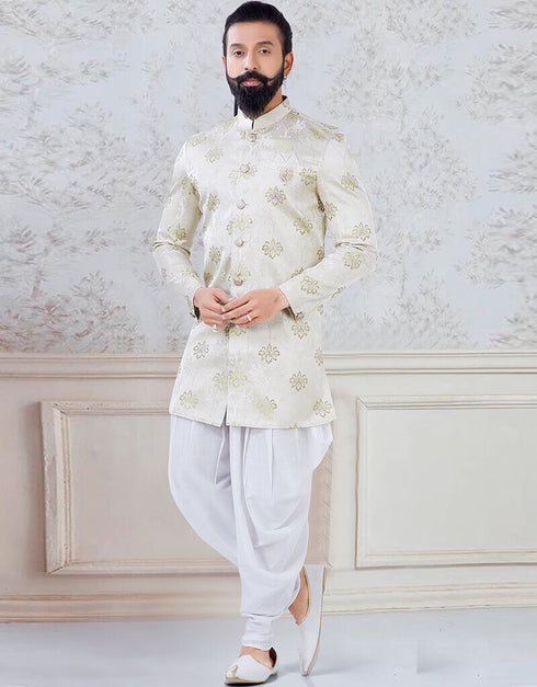 Light Green Indo style kurta thread embroidered silk Peshawari