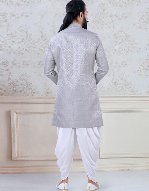 Grey Indo style kurta Jacquard Silk Peshawari Closure View