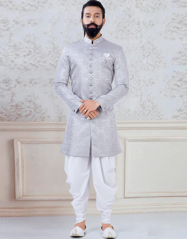 Grey Indo style kurta Jacquard Silk Peshawari