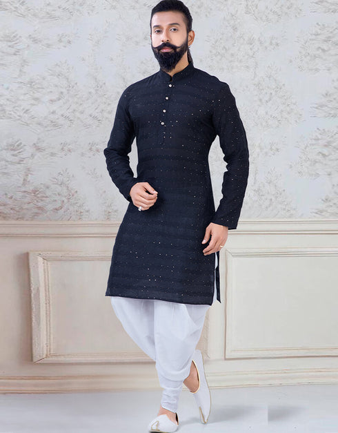 Black Kurta Georgette fabric with sequence and thread work Peshawari