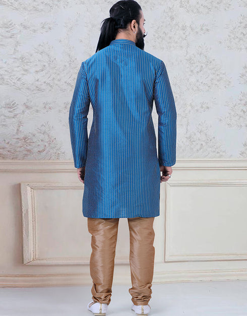 Blue Kurta thread work on silk Chudidaar Closure View