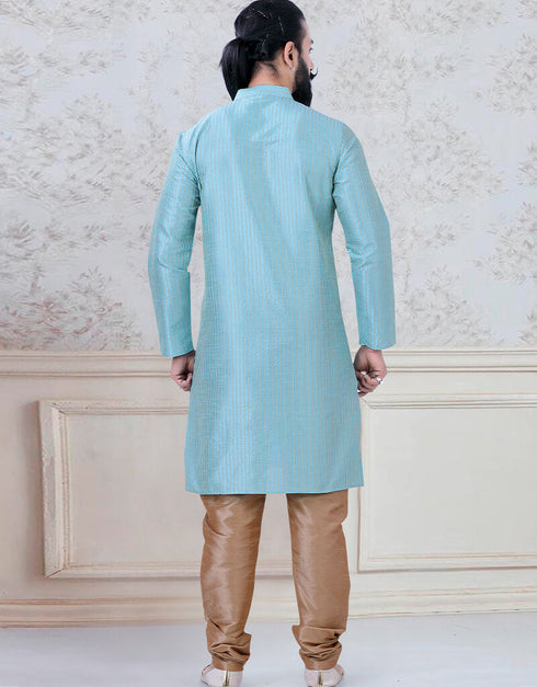 Sky Blue Kurta thread work on silk Chudidaar Closure View