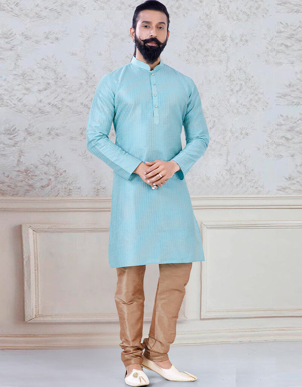 Sky Blue Kurta thread work on silk Chudidaar
