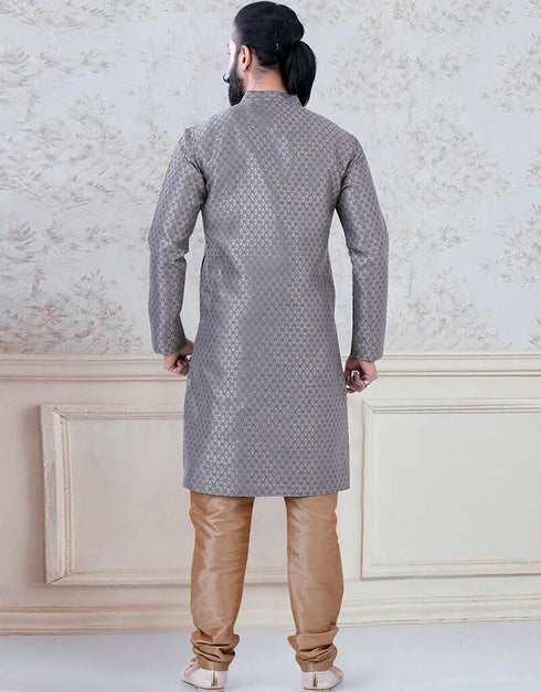 Grey Kurta Brocade with golden butti all over Chudidaar Closure View