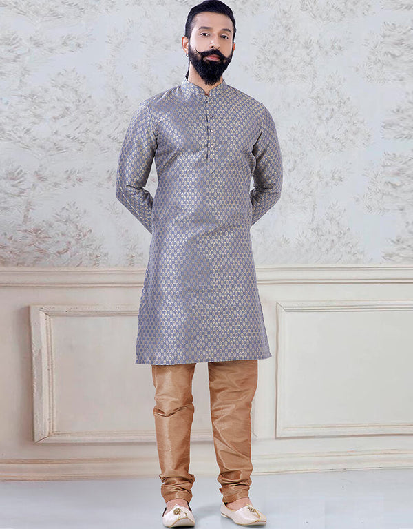 Grey Kurta Brocade with golden butti all over Chudidaar
