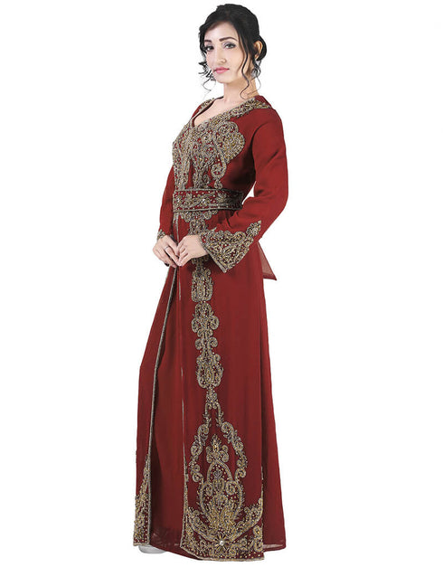 Islamic Maroon Georgette Pearl Embroidery Kaftan