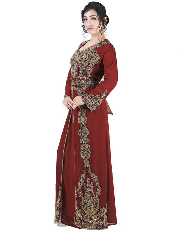 Islamic Maroon Georgette Pearl Embroidery Kaftan
