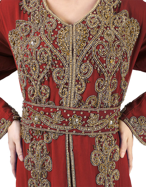 Islamic Maroon Georgette Pearl Embroidery Kaftan