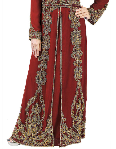 Islamic Maroon Georgette Pearl Embroidery Kaftan