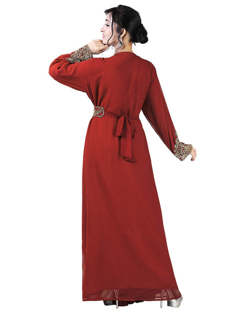 Islamic Maroon Georgette Pearl Embroidery Kaftan