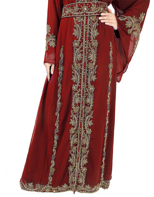 Women Maroon Georgette Pearl Embroidery Kaftan