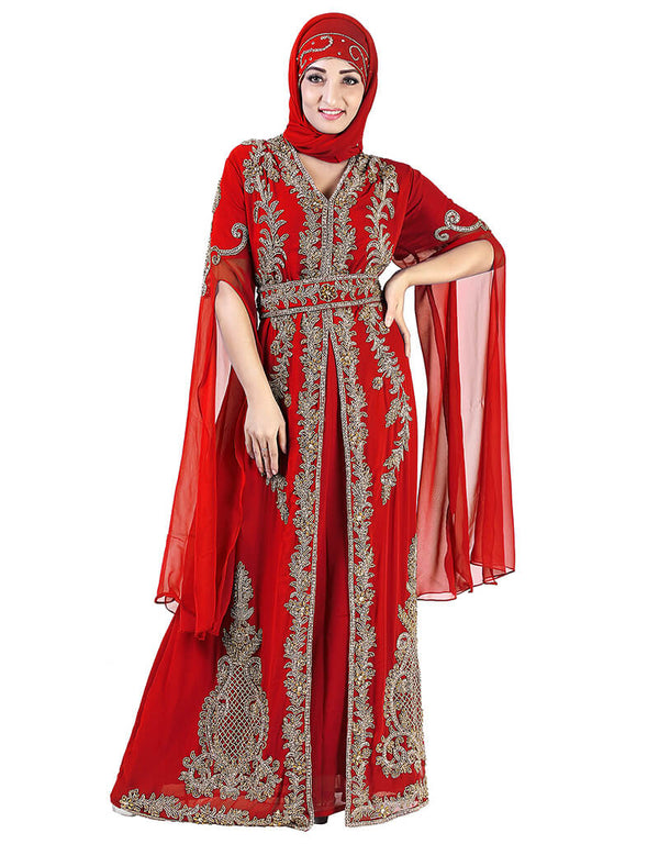Modest Maroon Georgette Pearl Embroidery Kaftan
