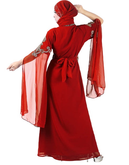 Modest Maroon Georgette Pearl Embroidery Kaftan