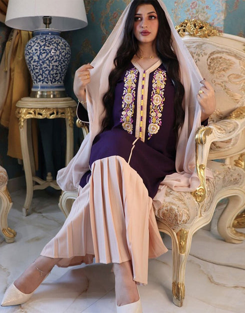 Pleated Embroidered Modest Long Dress For Women