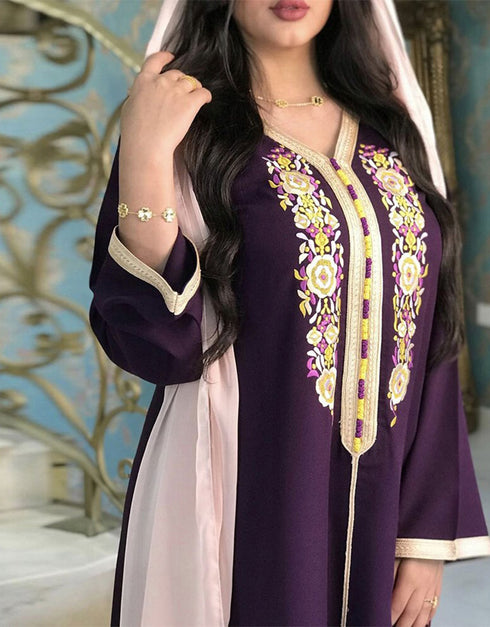 Pleated Embroidered Modest Long Dress For Women