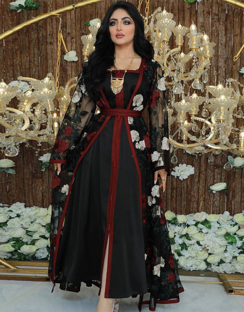 Floral Embroidery Moroccan Takchita Kaftan 2 Piece Abaya Set For Women