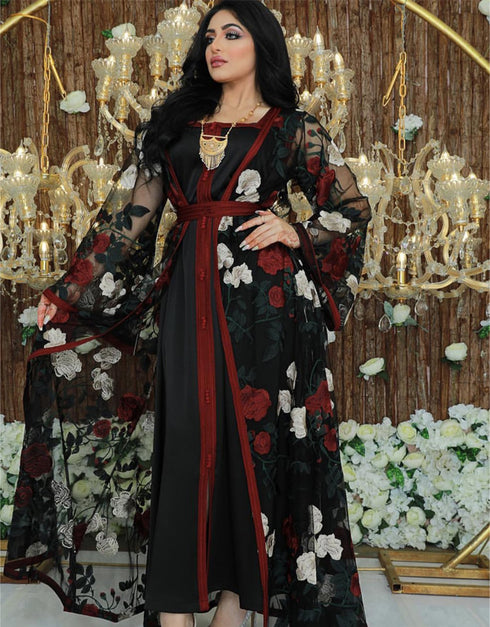 Floral Embroidery Moroccan Takchita Kaftan 2 Piece Abaya Set For Women