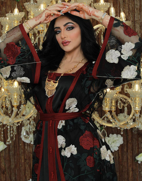 Floral Embroidery Moroccan Takchita Kaftan 2 Piece Abaya Set For Women