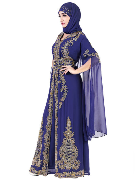 Islamic Navy Blue Georgette Pearl Embroidery Kaftan