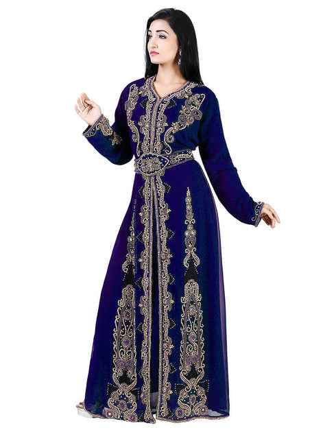 Chic Blue Georgette Hand Pearl Work Moroccan kaftan