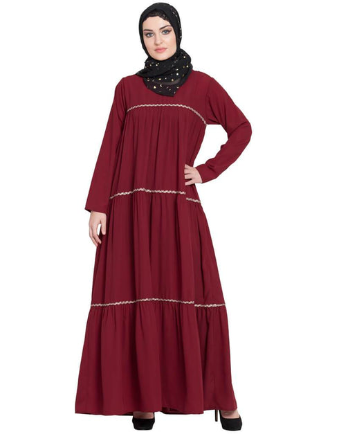 Arabic gathered 3 panels with Zig Zag Lace Flare Abaya Maroon