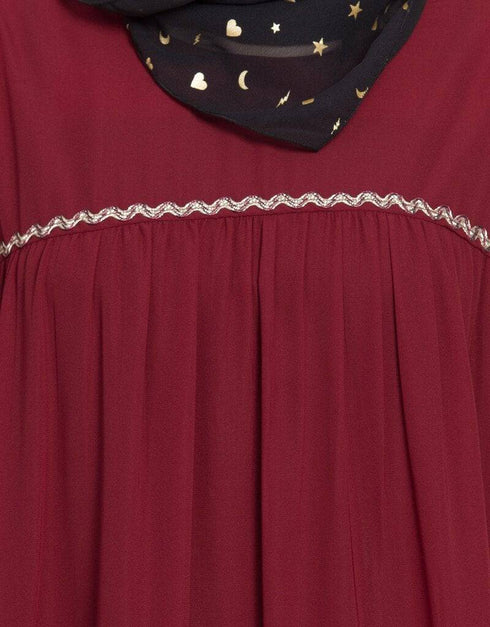Arabic gathered 3 panels with Zig Zag Lace Flare Abaya Maroon