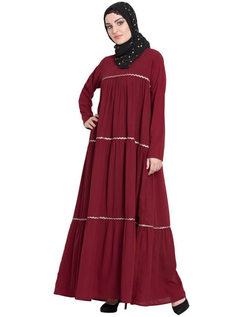 Arabic gathered 3 panels with Zig Zag Lace Flare Abaya Maroon