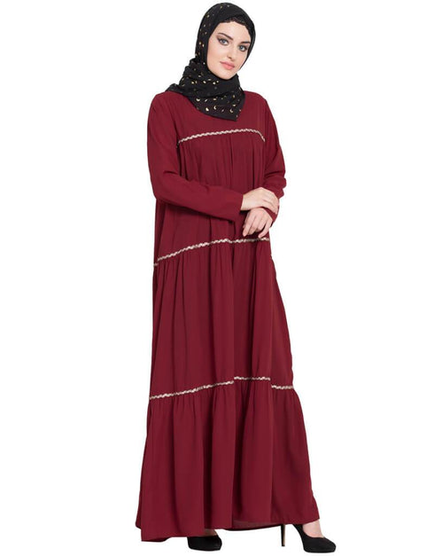 Arabic gathered 3 panels with Zig Zag Lace Flare Abaya Maroon