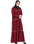 Arabic gathered 3 panels with Zig Zag Lace Flare Abaya Maroon