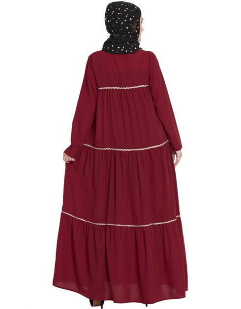 Arabic gathered 3 panels with Zig Zag Lace Flare Abaya Maroon