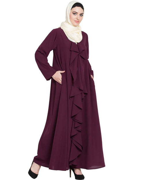 Chic front Open Frill Shrug cum Abaya Wine
