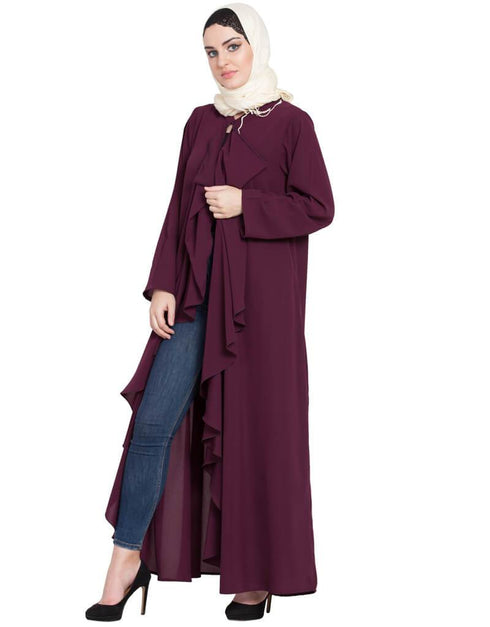 Chic front Open Frill Shrug cum Abaya Wine