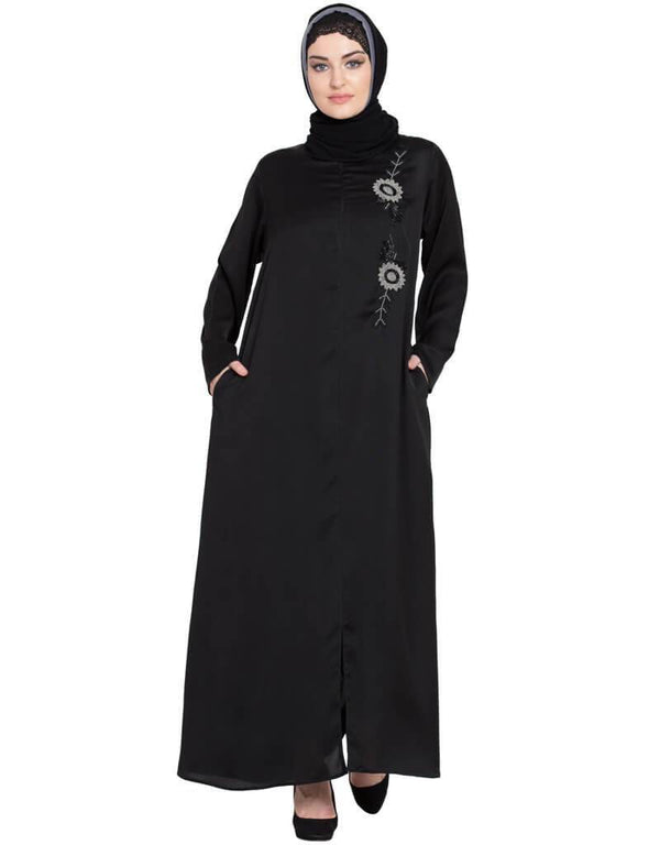 Dubai Front zip and slit hand work Nida Abaya Black