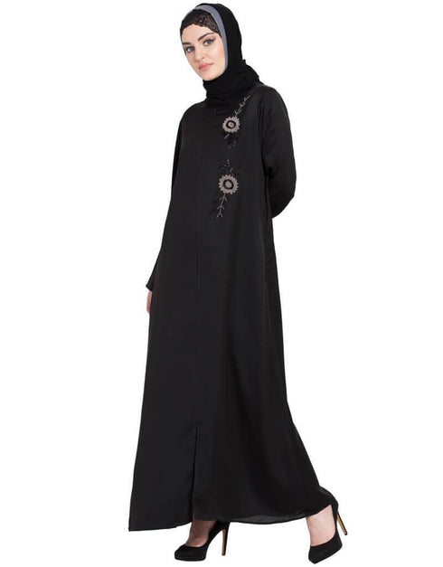 Dubai Front zip and slit hand work Nida Abaya Black