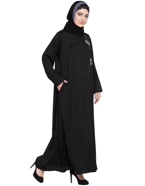 Dubai Front zip and slit hand work Nida Abaya Black