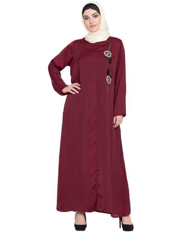Dubai Front zip and slit hand work Nida Abaya Maroon