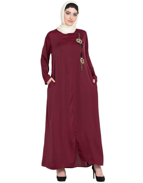 Dubai Front zip and slit hand work Nida Abaya Maroon