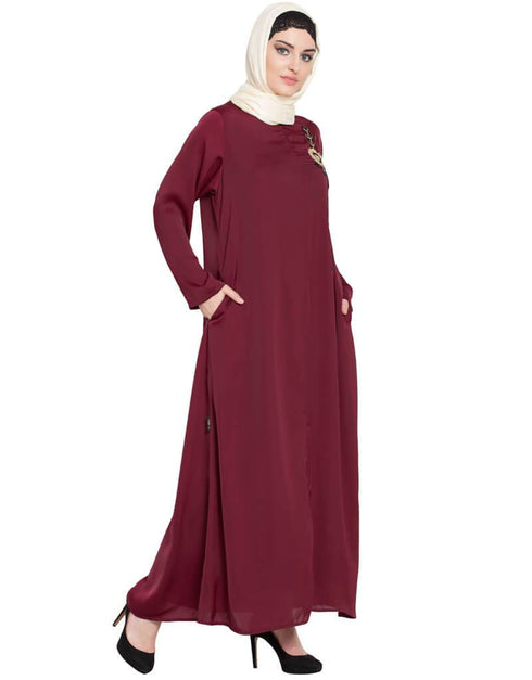 Dubai Front zip and slit hand work Nida Abaya Maroon