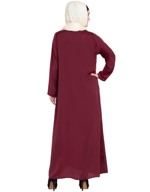 Dubai Front zip and slit hand work Nida Abaya Maroon