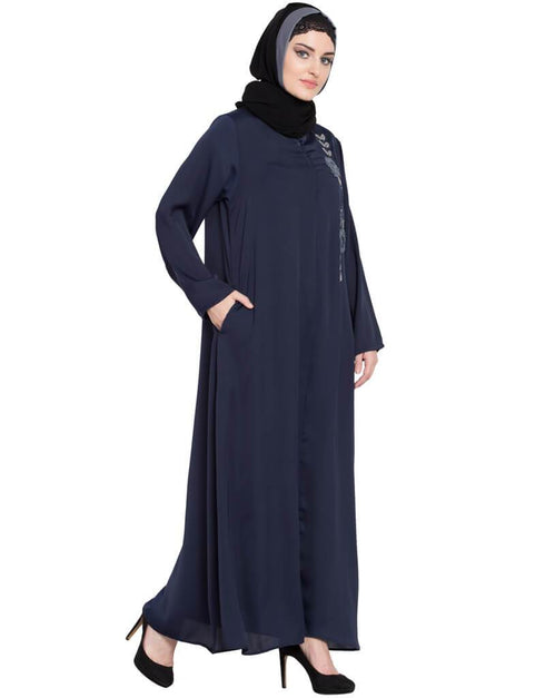 Muslim Front zip and slit hand work Nida Abaya Navy Blue